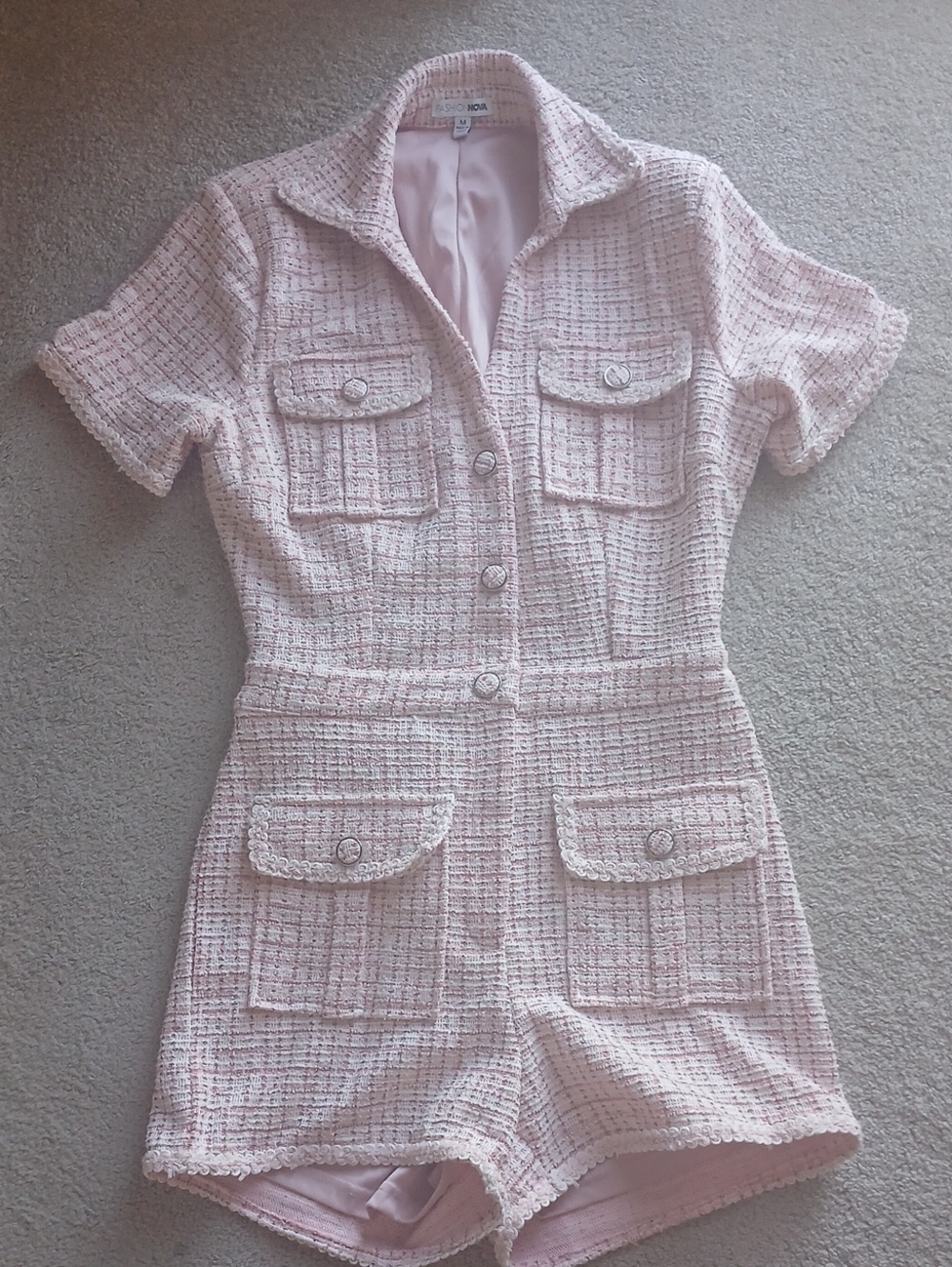 Fashion Nova Light Pink Tweed Short Sleeve Romper Jacket